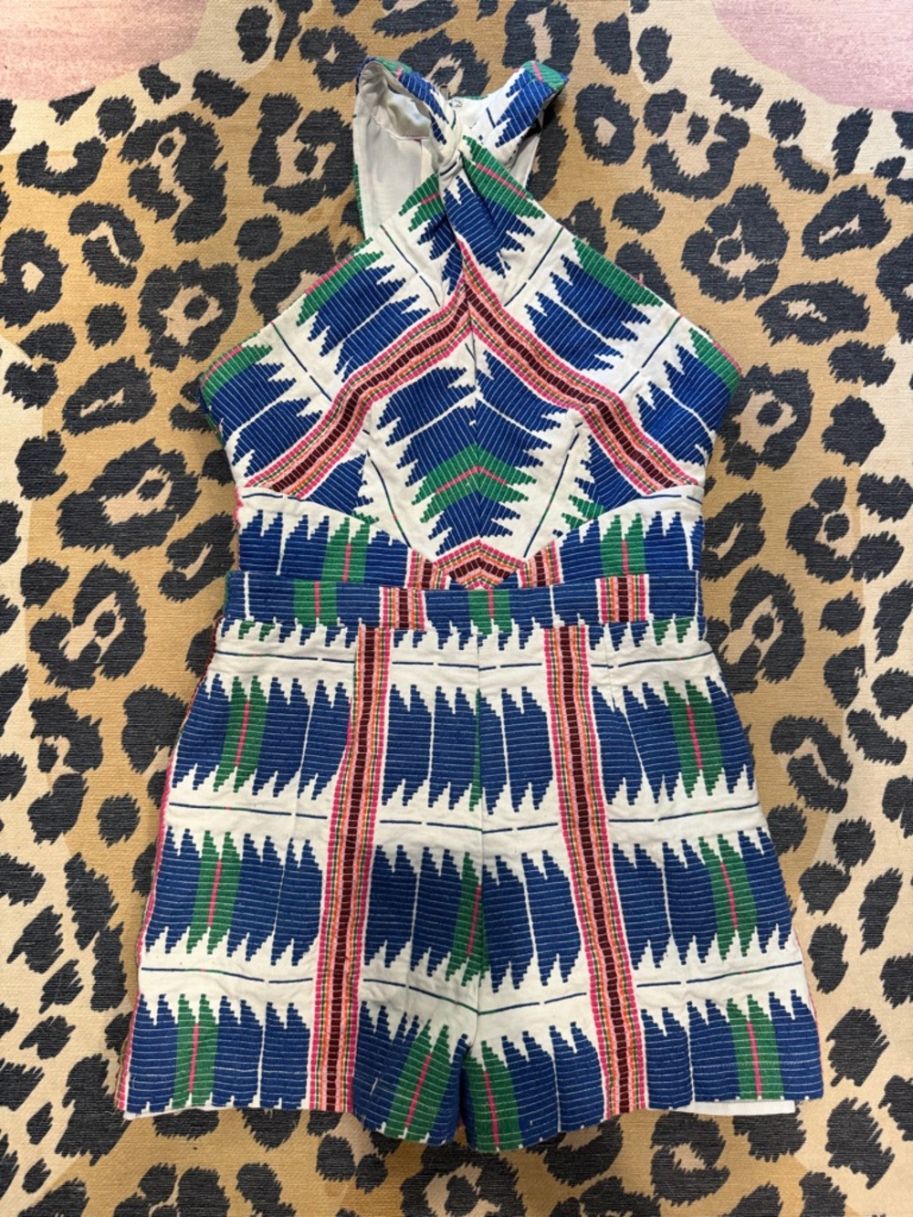 Adelyn Rae Blue White Green Patterned Halter Romper